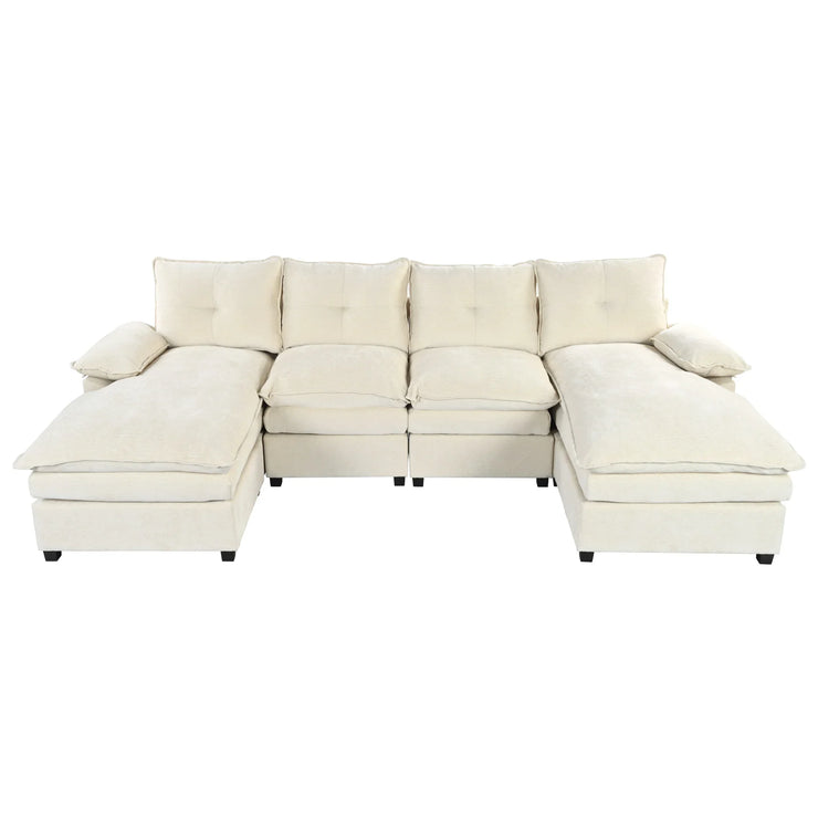 Fluent Trends U-Shaped Chenille Sectional Sofa - Beige 6-Seater with Adjustable Armrests - Fluent Trends
