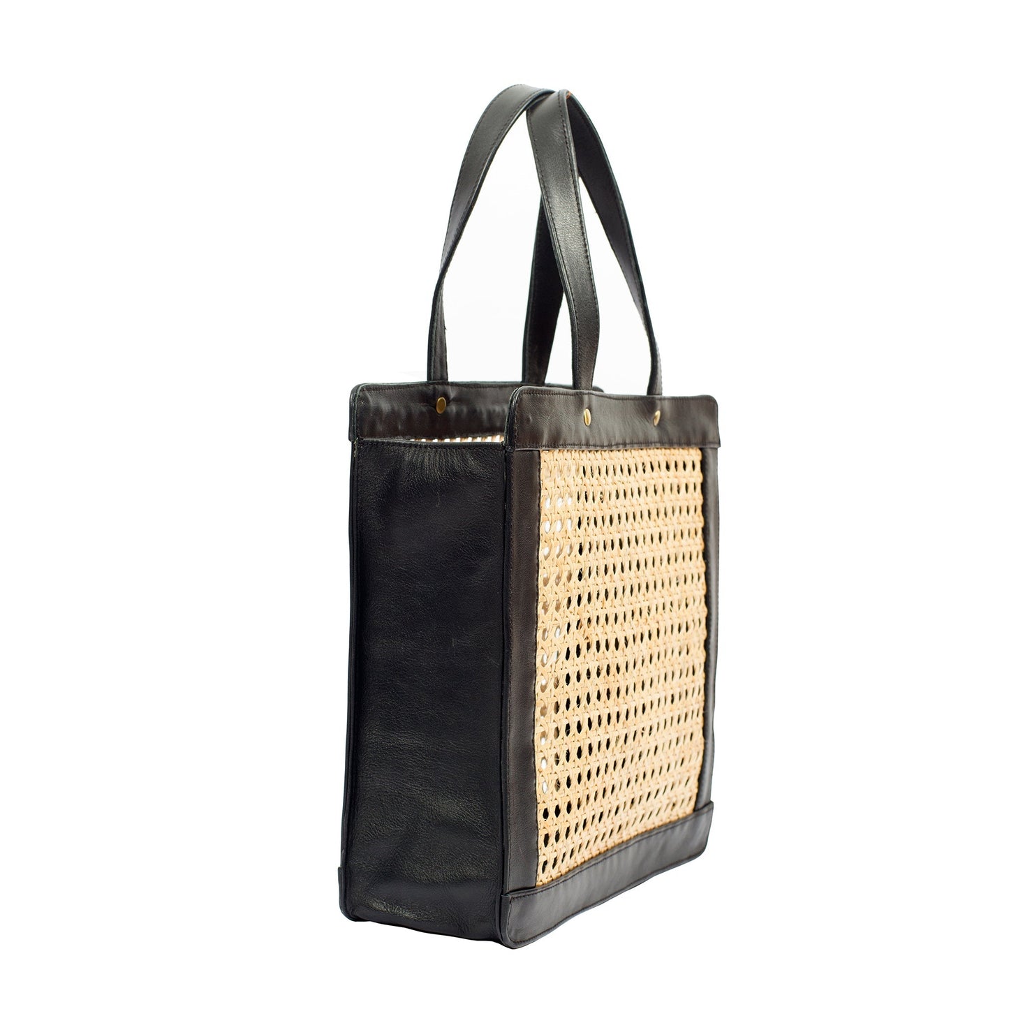 Classic Rattan and Black Leather Tote Shoulder Bag