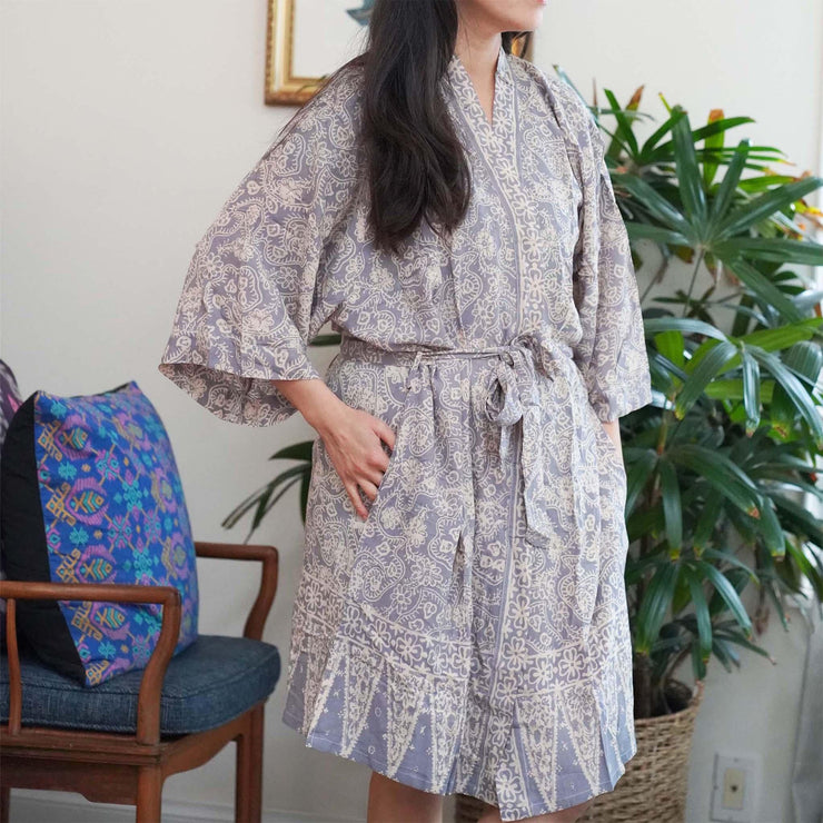 Hand Dyed Batik Robe Kimono, 100% Cotton, Gray, Silver Petals - Fluent Trends