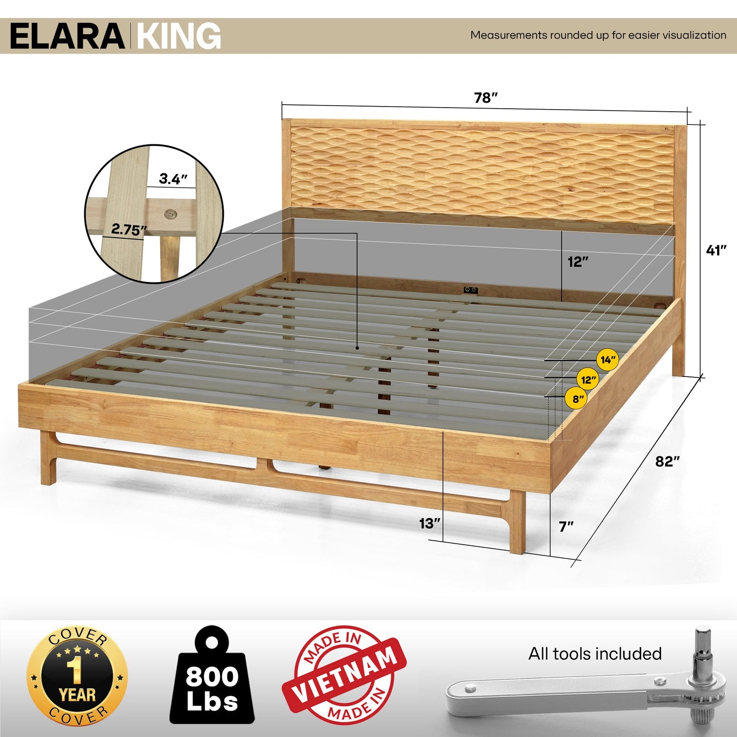 Acacia Elara Platform Bed Frame with Headboard