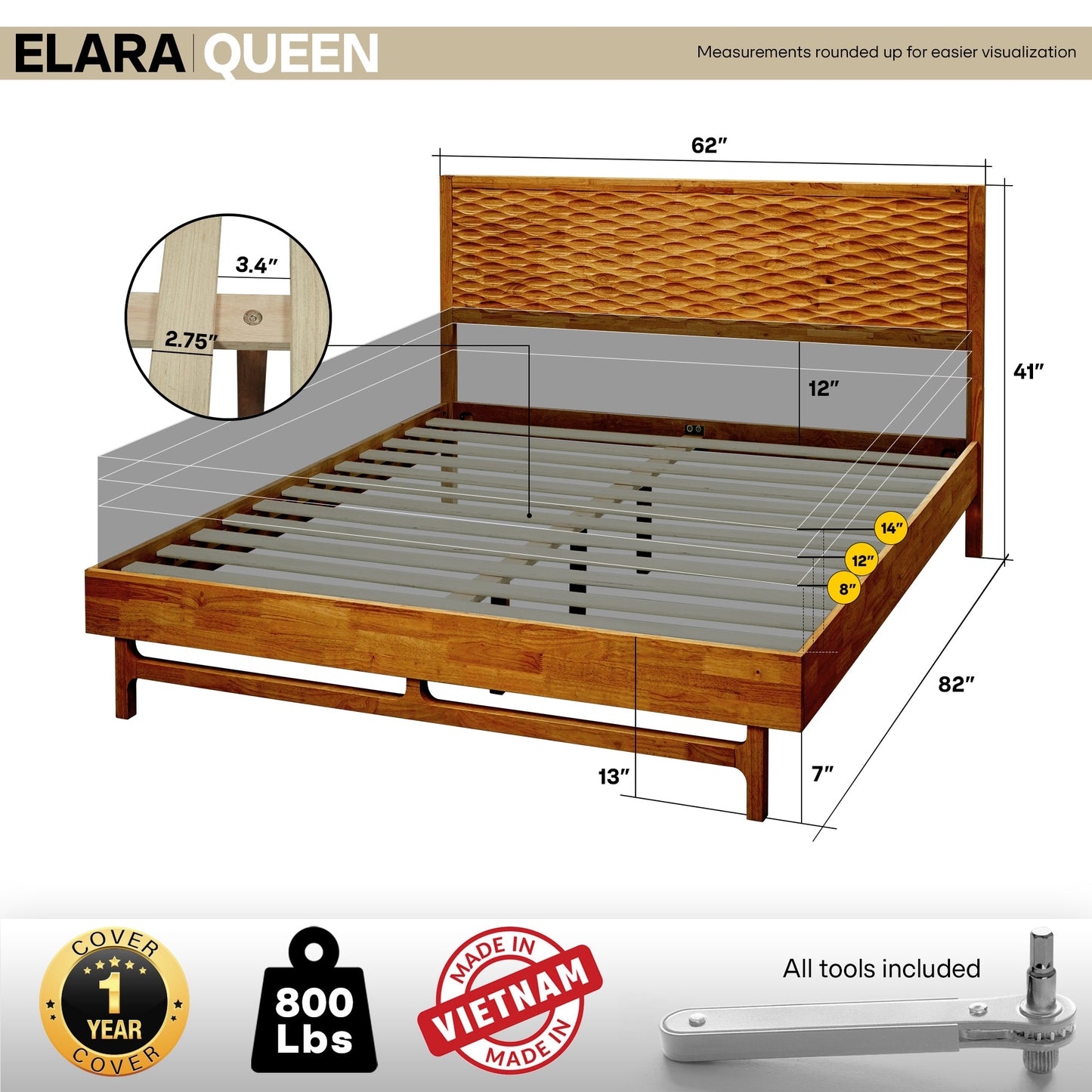 Acacia Elara Platform Bed Frame with Headboard