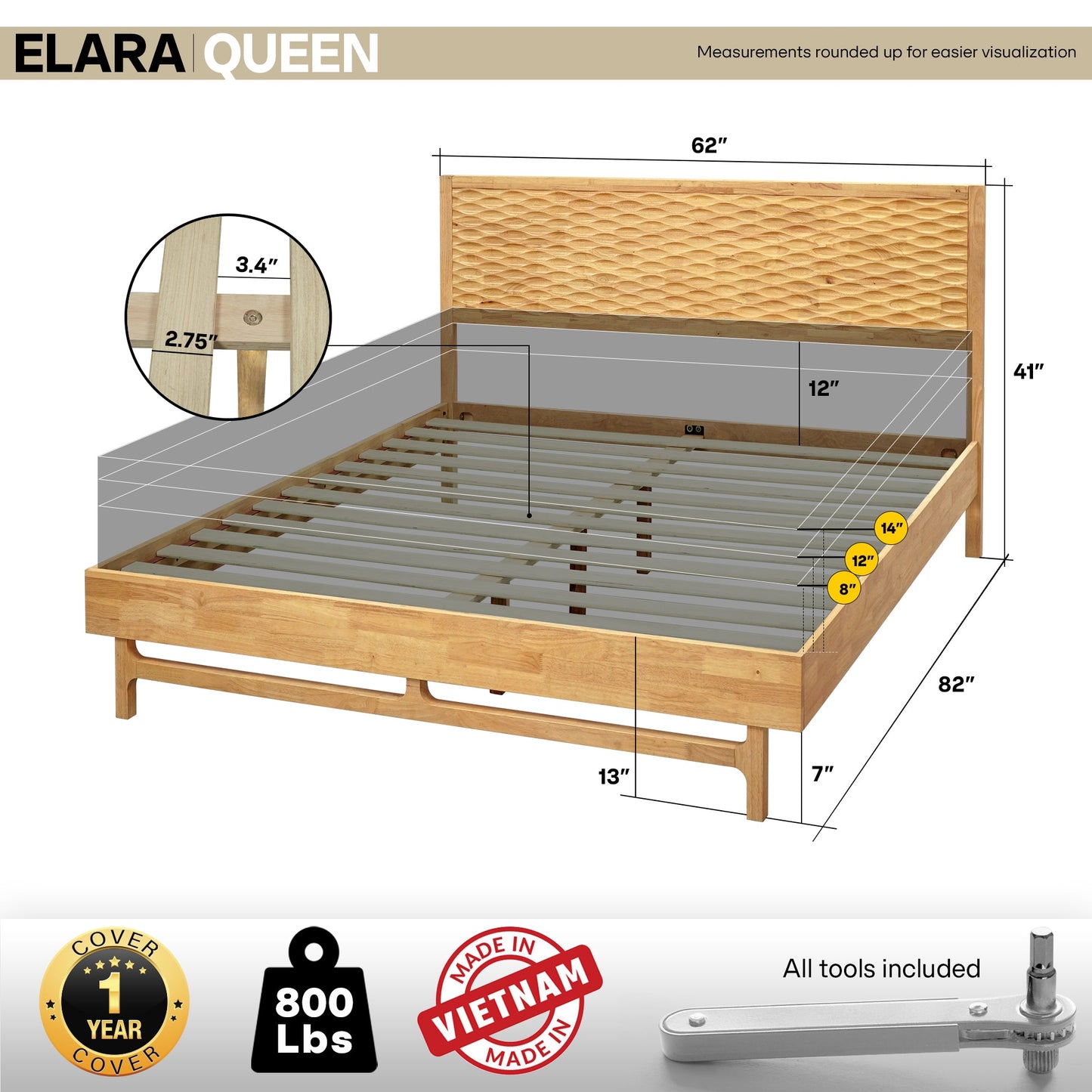 Acacia Elara Platform Bed Frame with Headboard