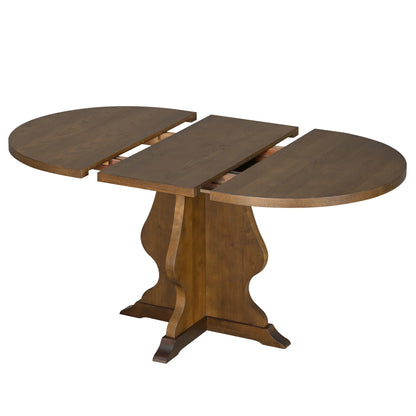 Brown wooden extendable dining table with a pedestal base and two drop leaves separated