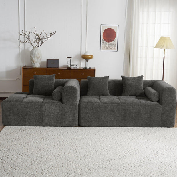 Modern Grey Modular Sectional Sofa with Deep Seating and Side Pockets in Chenille Fabric - Fluent Trends