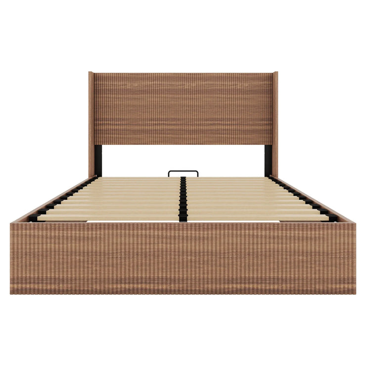 Large Grooved Undulating QueenSize Wooden Platform Bed Frame With Lift Storage - Fluent Trends