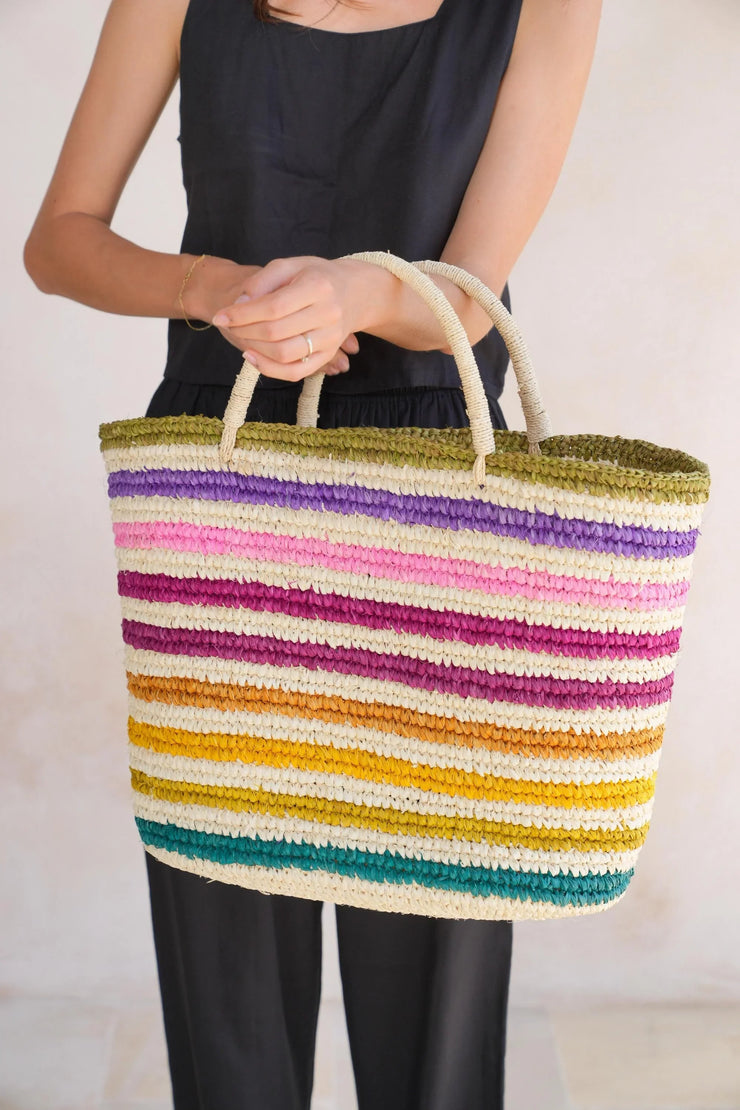 Rainbow Handwoven Color Strips Raffia Tote - Fluent Trends