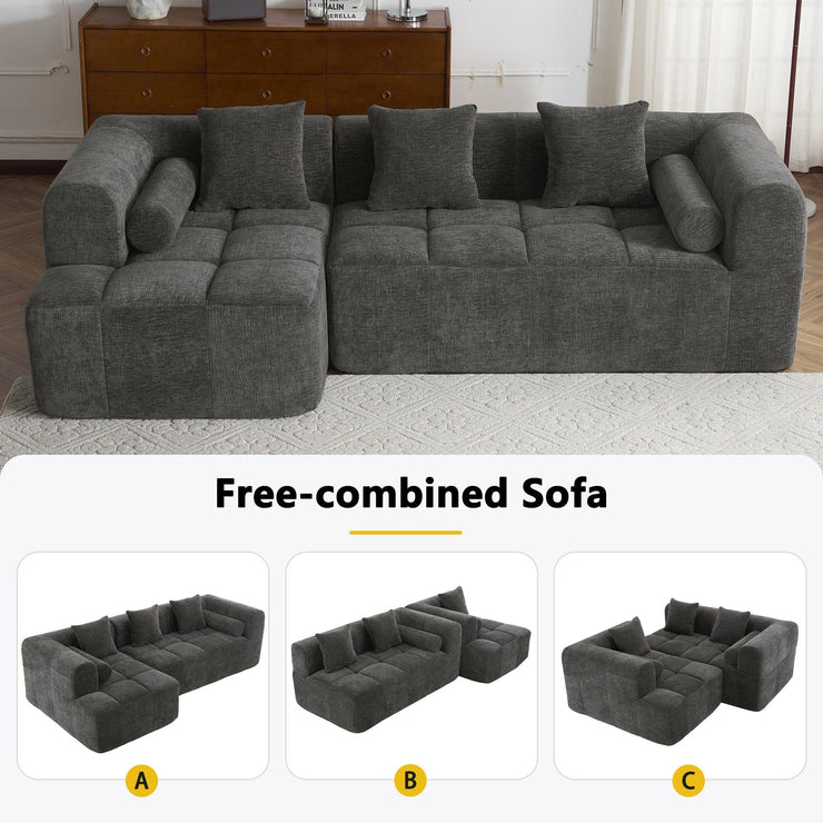 Modern Grey Modular Sectional Sofa with Deep Seating and Side Pockets in Chenille Fabric - Fluent Trends