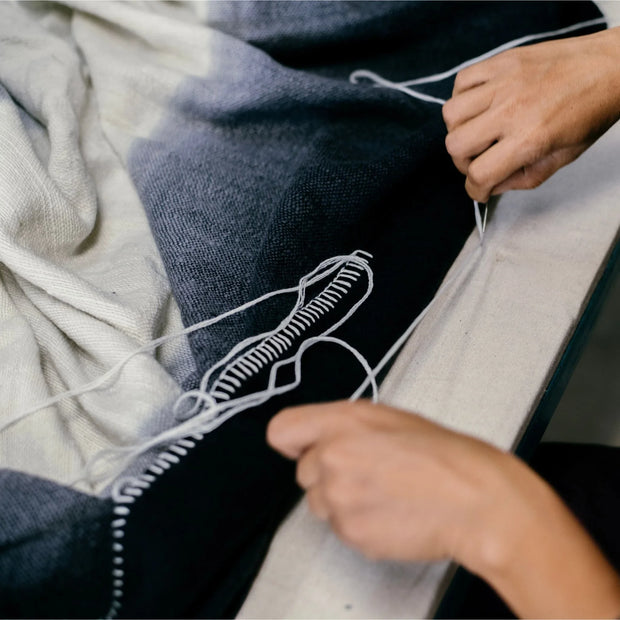 Ink Black White Ombre Textured Throw In Hand Spun Merino And Hand Stitched Hem - Fluent Trends Throw Blankets