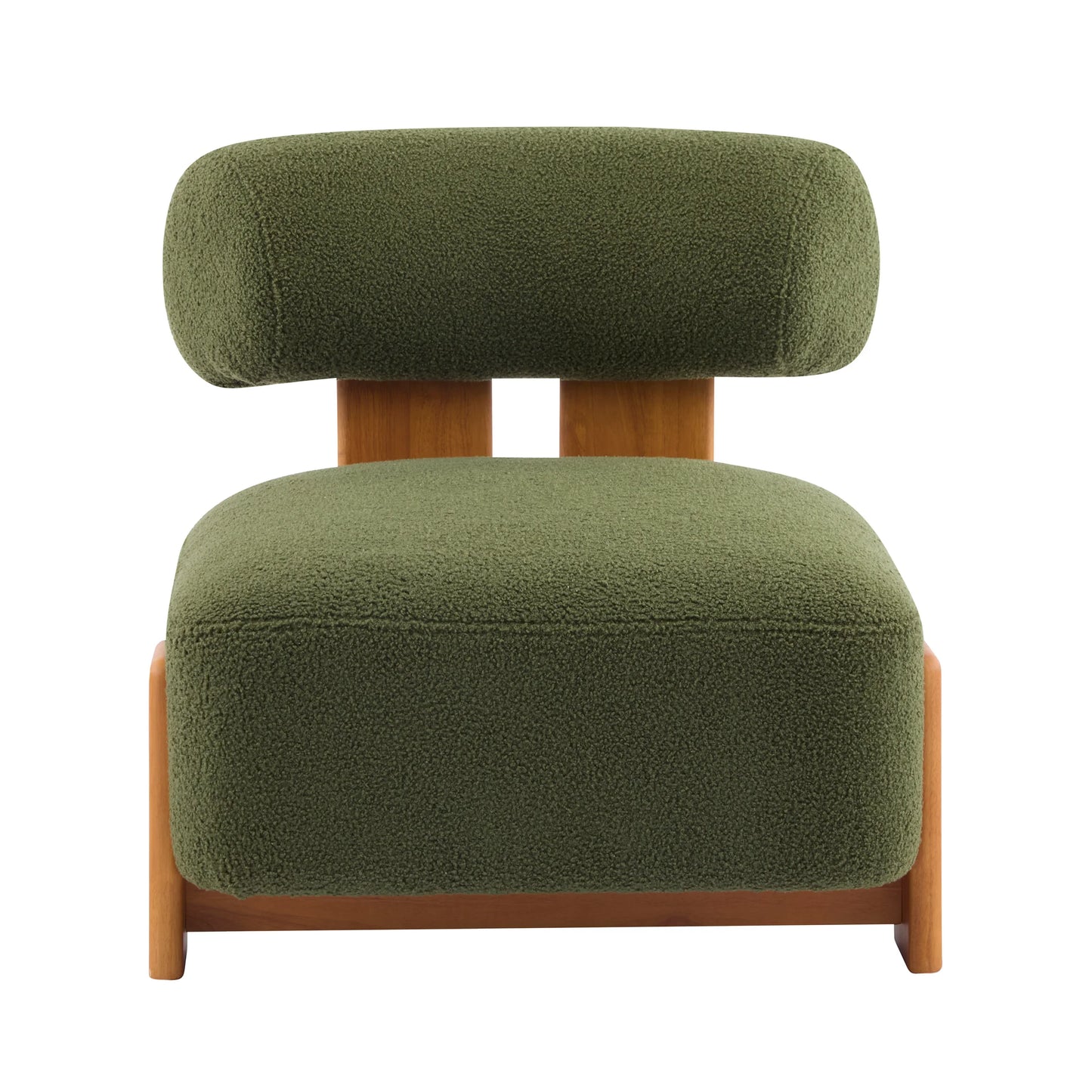 Modern olive green boucle fabric lounge chair with wooden frame, stylish home furniture