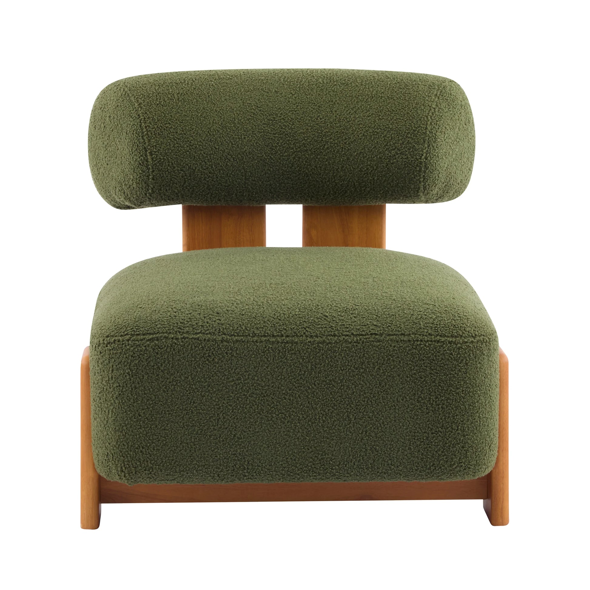 Modern olive green boucle fabric lounge chair with wooden frame, stylish home furniture