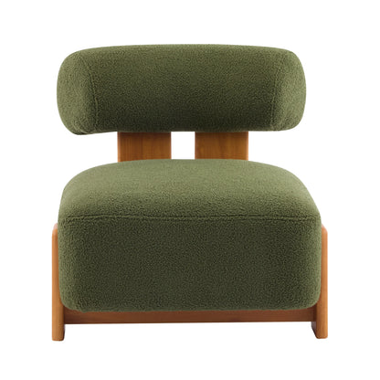 Modern olive green boucle fabric lounge chair with wooden frame, stylish home furniture
