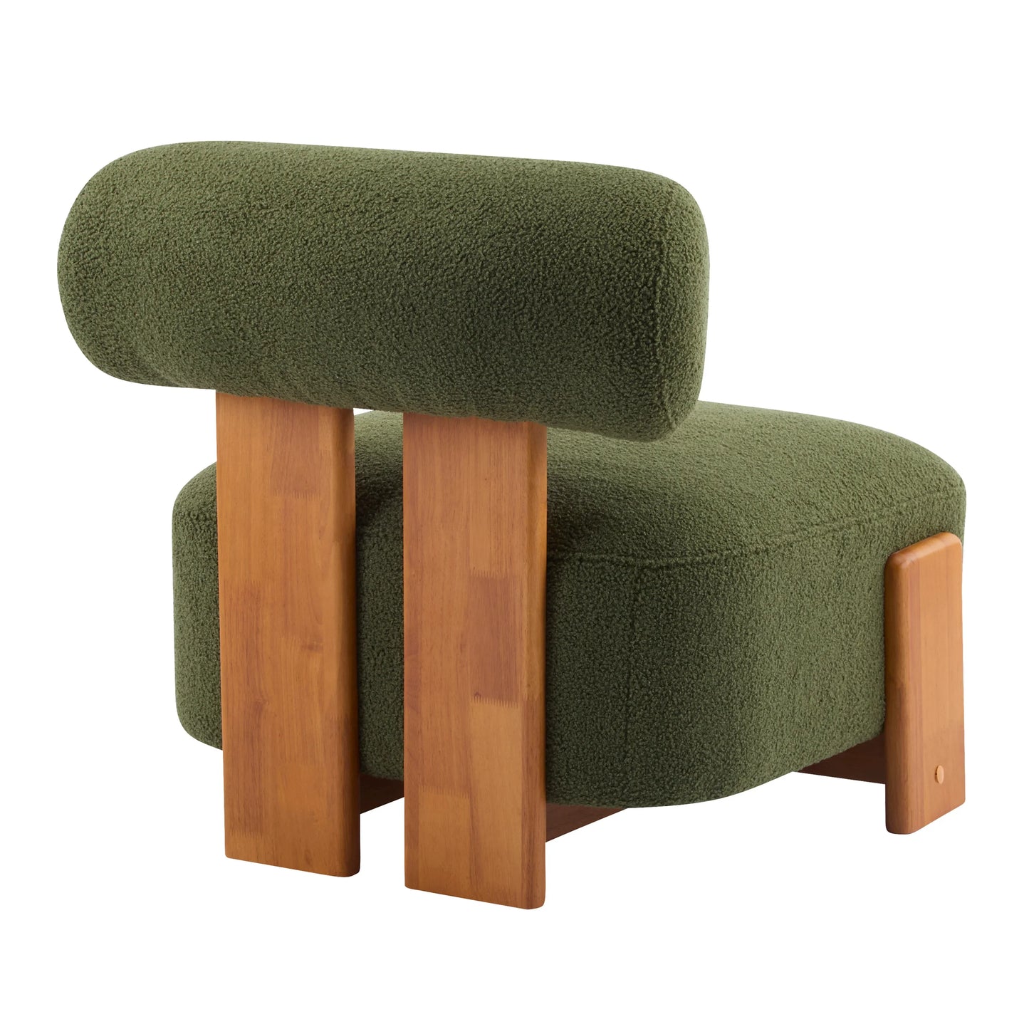 Modern lounge chair with olive green bouclé upholstery and warm wood frame, stylish home furniture