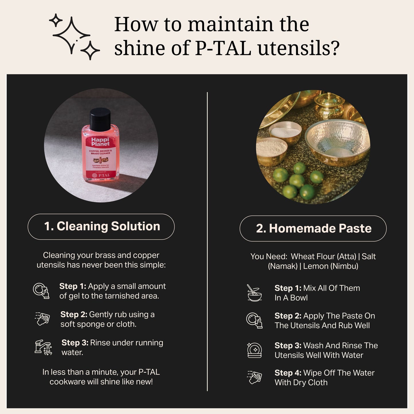 Image showing two methods to clean copper and brass utensils: a cleaning solution and a homemade paste.