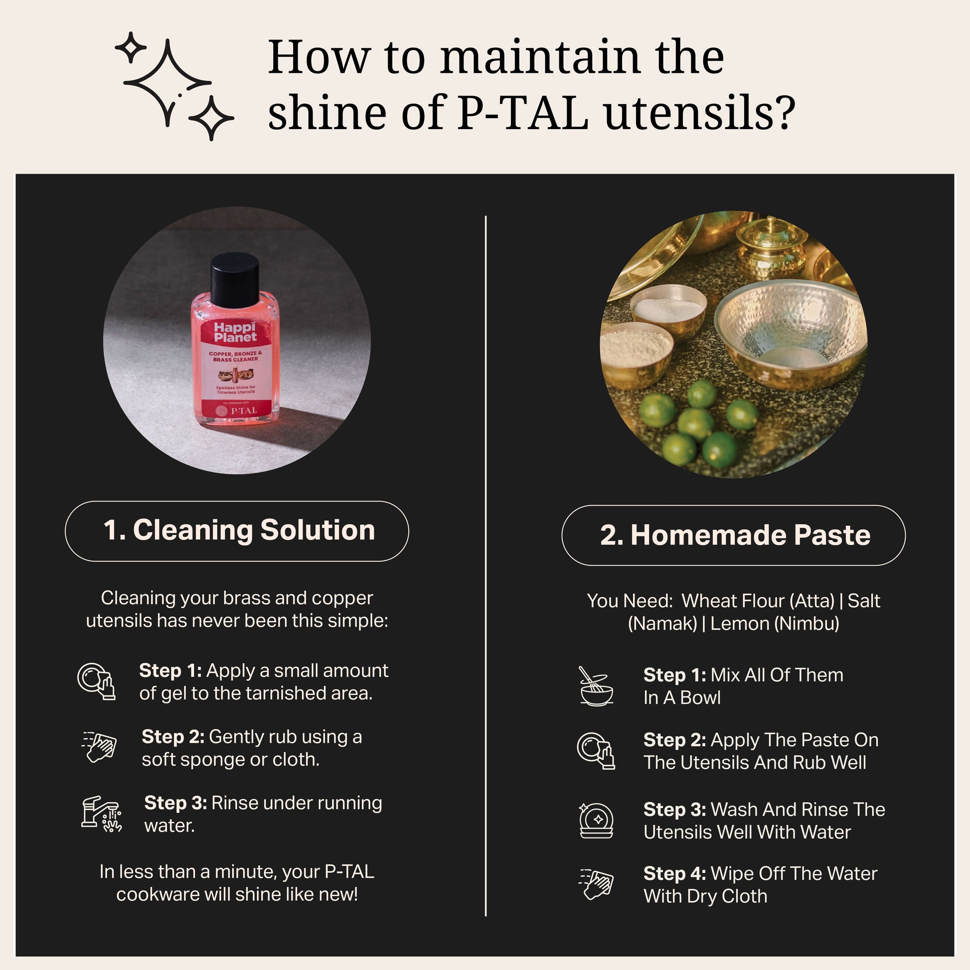 Image showing two methods to clean copper and brass utensils: a cleaning solution and a homemade paste.