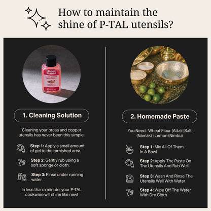 Image showing two methods to clean copper and brass utensils: a cleaning solution and a homemade paste.