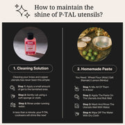 Image showing two methods to clean copper and brass utensils: a cleaning solution and a homemade paste.