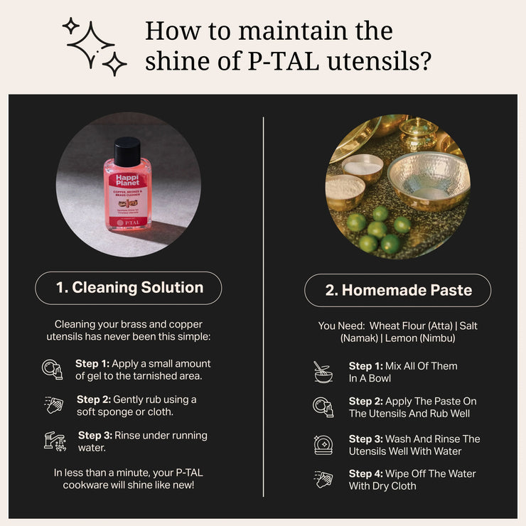 Image showing two methods to clean copper and brass utensils: a cleaning solution and a homemade paste.
