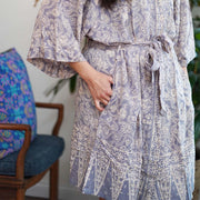 Hand Dyed Batik Robe Kimono, 100% Cotton, Gray, Silver Petals - Fluent Trends