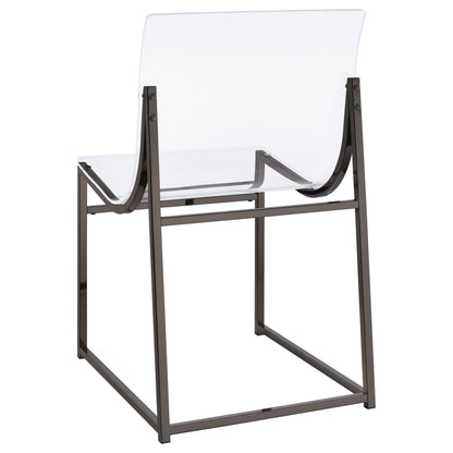 Modern clear acrylic chair with sleek black metal frame and minimalist design