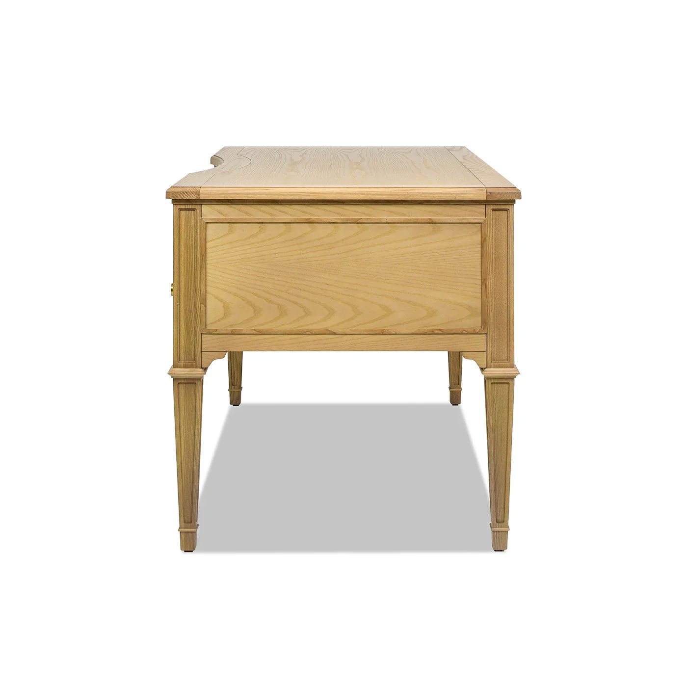 High-angle surface view of an ash wood executive desk highlighting the natural brown wood grain and spacious desktop workstation.