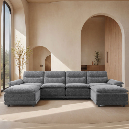 141'' Wide Modern U-shaped Sectional Sofa with high back cushion,6-seat Upholstered Dark Grey