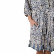 Hand Dyed Batik Robe Kimono, 100% Cotton, Gray, Silver Petals - Fluent Trends