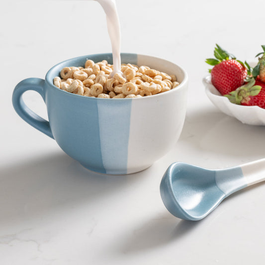 Jumbo Soup Mug with Spoon - 20oz Ceramic Bowl Mug Striped Blue