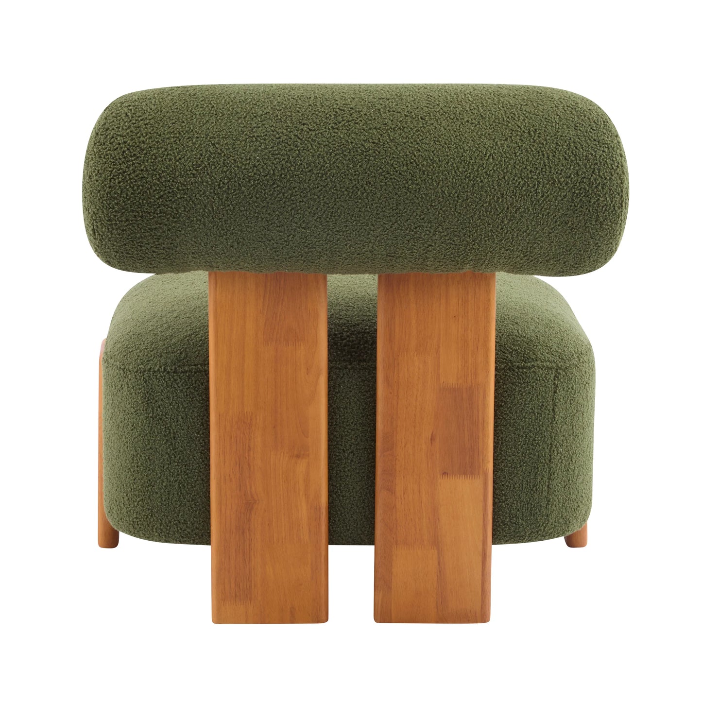 Modern green boucle lounge chair with curved wooden legs and low backrest