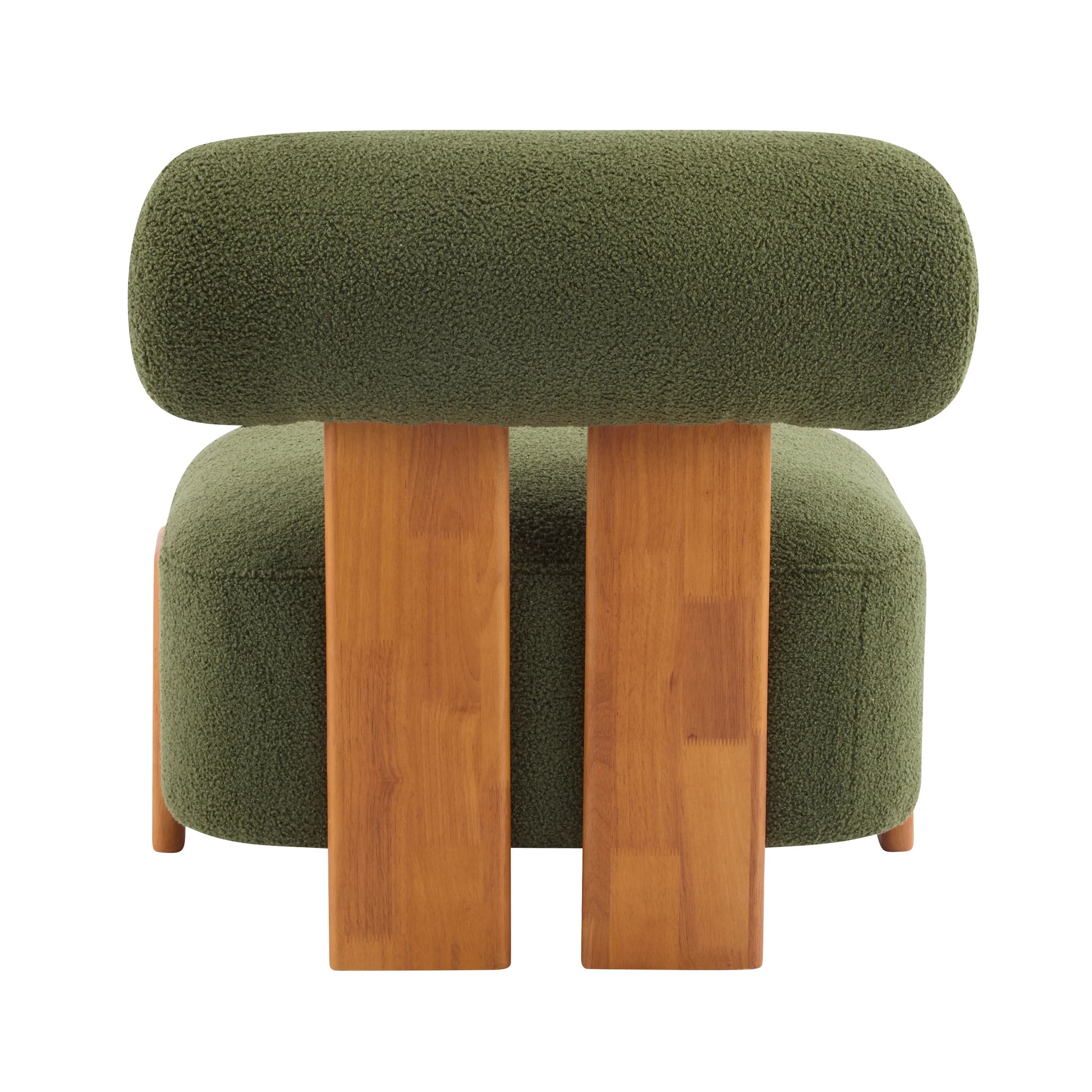 Modern green boucle lounge chair with curved wooden legs and low backrest