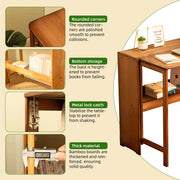 Bamboo folding desk features: rounded corners, bottom storage for books, metal lock catch, and thick bamboo material.