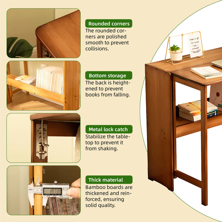 Bamboo folding desk features: rounded corners, bottom storage for books, metal lock catch, and thick bamboo material.