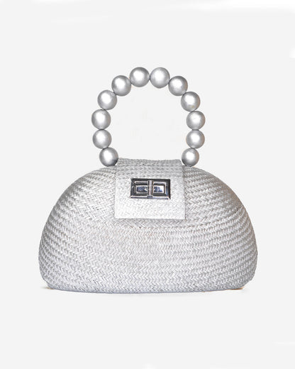 The Orla Silver Woven Straw & Wooden Bead Statement Clutch Bag