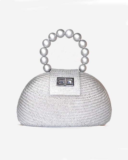 The Orla Silver Woven Straw & Wooden Bead Statement Clutch Bag