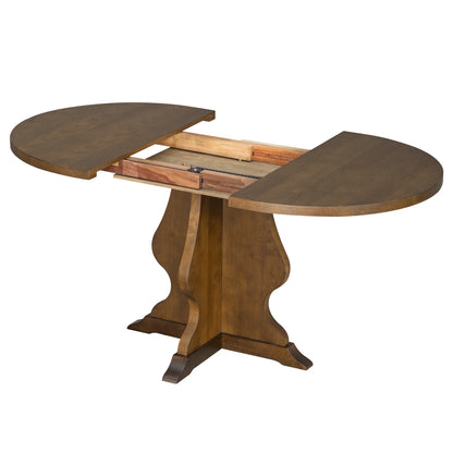 Expandable round wooden dining table with pedestal base in medium brown finish