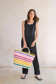 Rainbow Handwoven Color Strips Raffia Tote - Fluent Trends