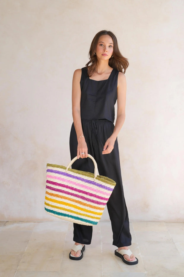 Rainbow Handwoven Color Strips Raffia Tote - Fluent Trends