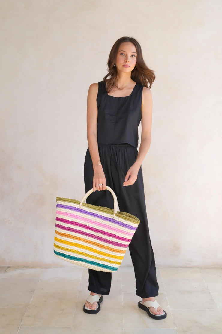 Rainbow Handwoven Color Strips Raffia Tote - Fluent Trends