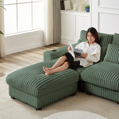 126-inch Corduroy With Cup Holder Super Large L-Shaped Sofa, Movable Footrest