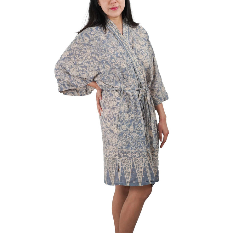 Hand Dyed Batik Robe Kimono, 100% Cotton, Gray, Silver Petals - Fluent Trends