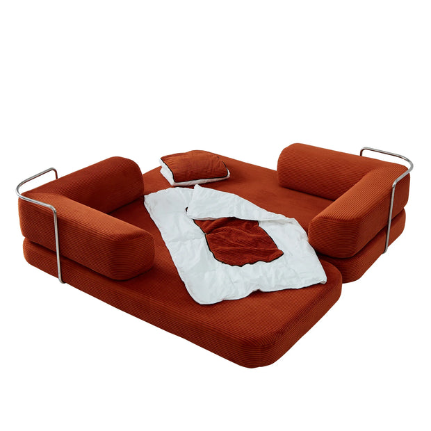 Red Corduroy 5-in-1 Modular Floor Sofa Sleeper Bed, No Assembly - Fluent Trends