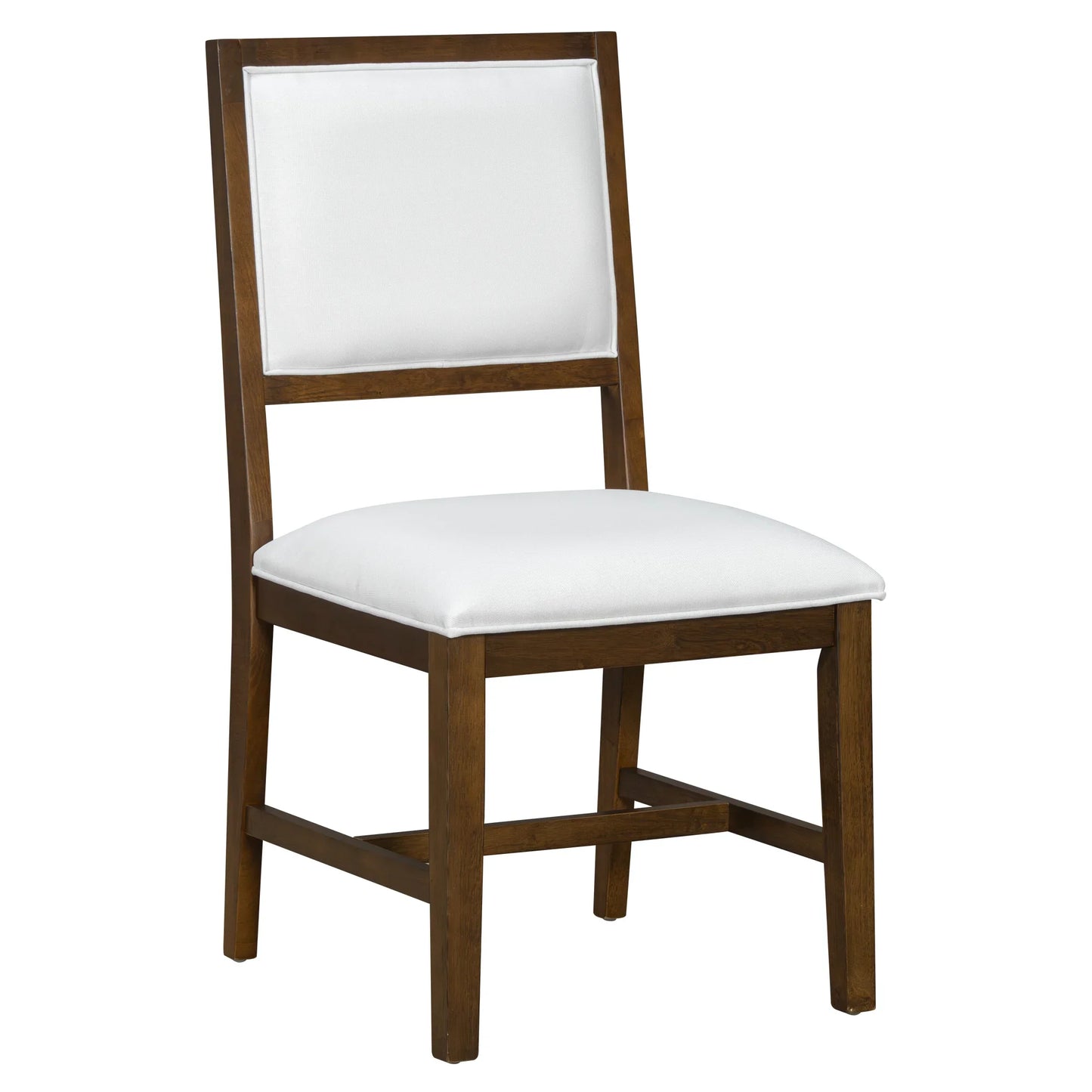 Dining chair with dark wood frame and white upholstered seat and backrest