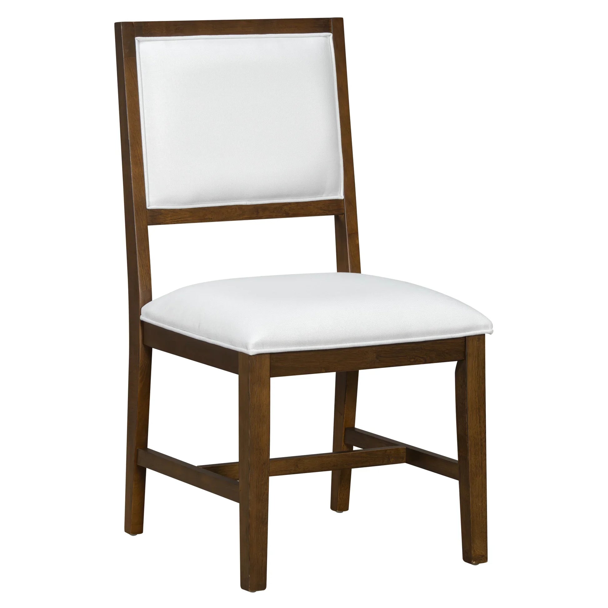 Dining chair with dark wood frame and white upholstered seat and backrest