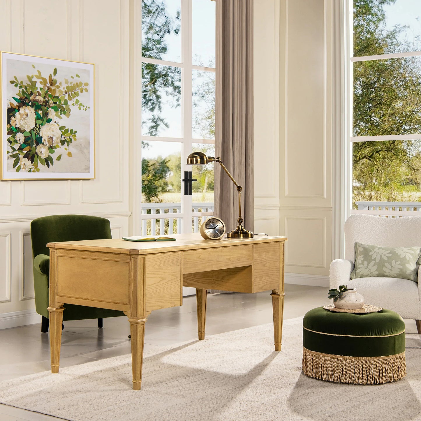 Side and rear view of an ash wood executive desk featuring a fully finished back and tapered legs for versatile home office placement.