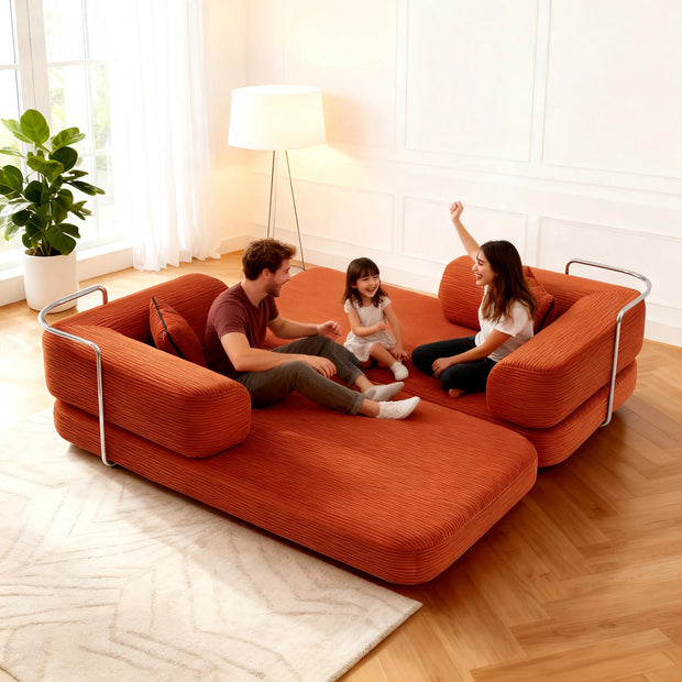 Red Corduroy 5-in-1 Modular Floor Sofa Sleeper Bed, No Assembly - Fluent Trends
