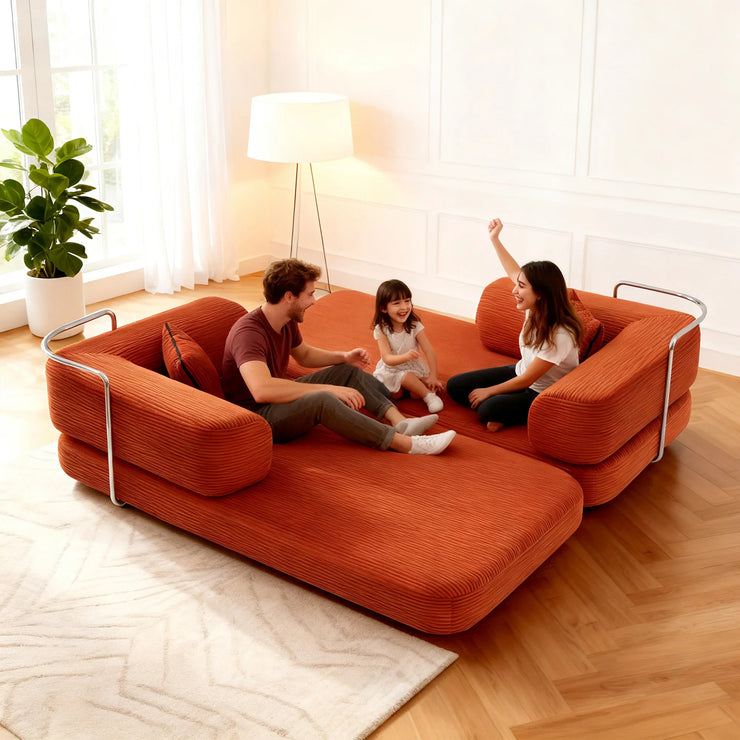Red Corduroy 5-in-1 Modular Floor Sofa Sleeper Bed, No Assembly - Fluent Trends