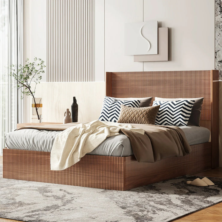 Large Grooved Undulating QueenSize Wooden Platform Bed Frame With Lift Storage - Fluent Trends