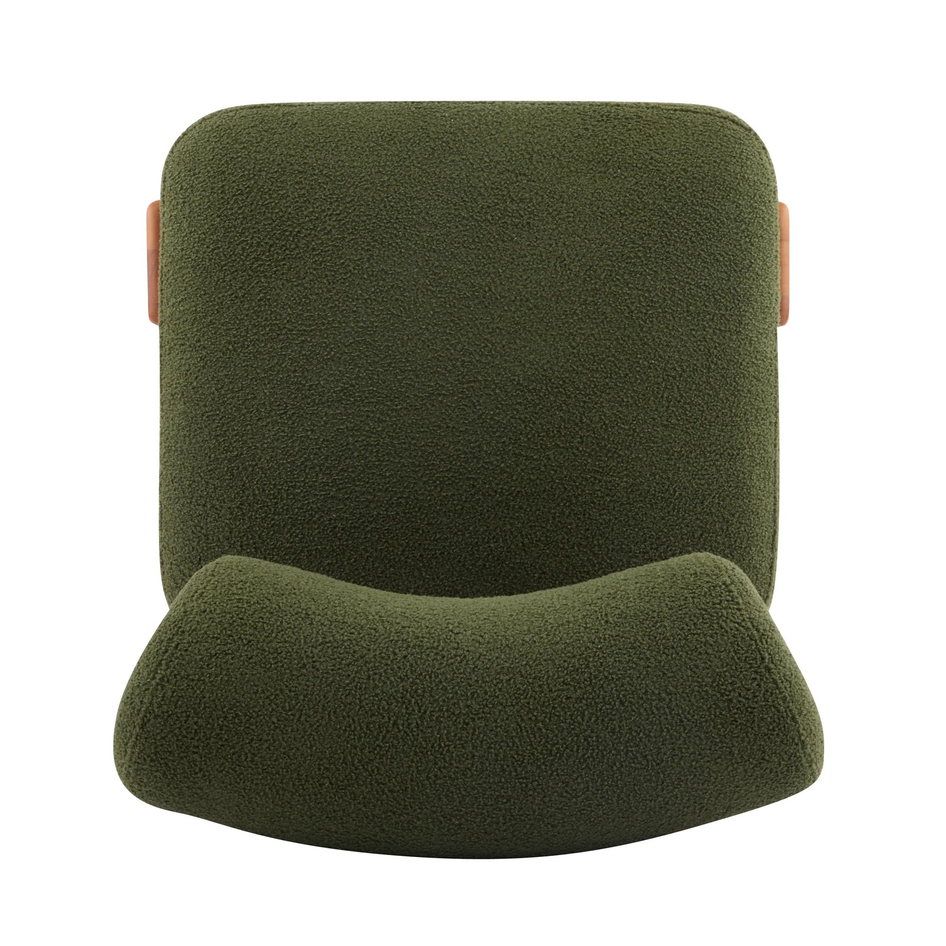 Modern olive green upholstered chair with curved backrest and wooden accents