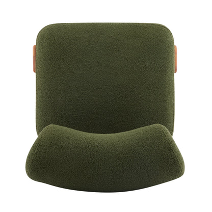 Modern olive green upholstered chair with curved backrest and wooden accents