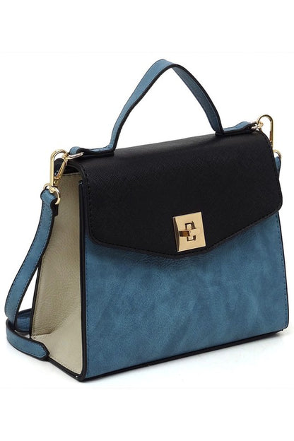 Blue and black leather handbag with gold clasp, top handle, and detachable shoulder strap