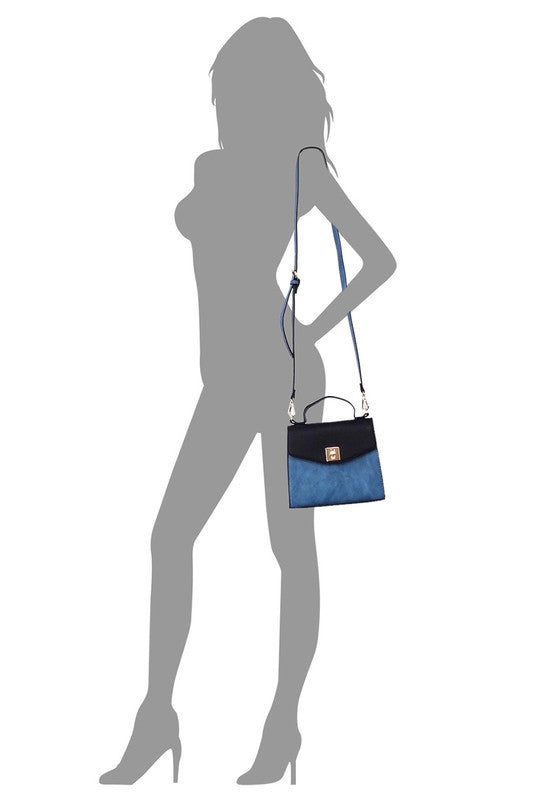 Blue and black leather crossbody handbag with gold clasp on female mannequin silhouette